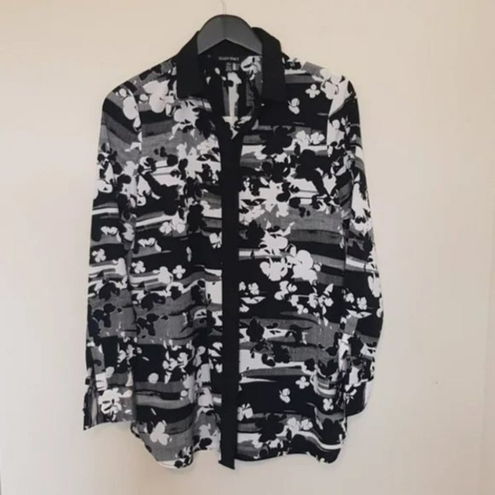 Ellen Tracy black and white floral button down shirt - Picture 1 of 5